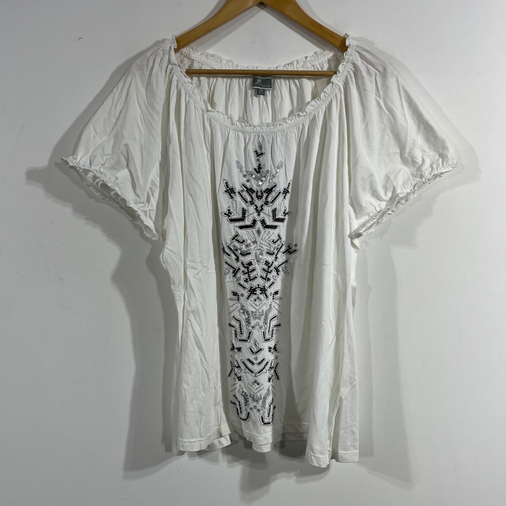 JM Collection Cottagecore Boho White Cotton Embroidered Sequin Peasant Top 2X